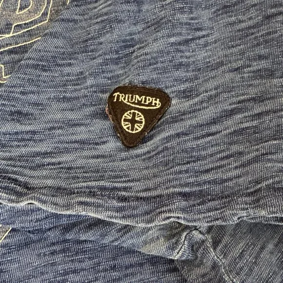Triumph Lucky Brand Mens XL Shirt Short Sleeve Blue Burnout Graphic Logo Patch - Picture 6 of 9